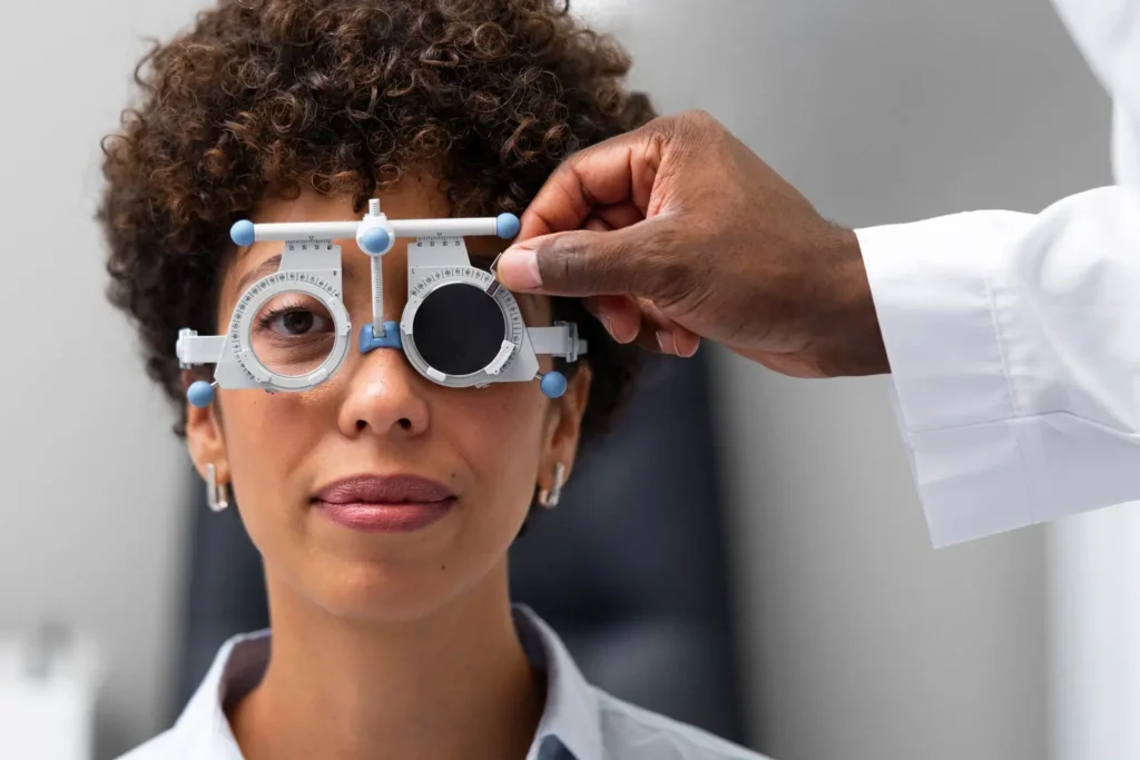 Woman getting eye exam